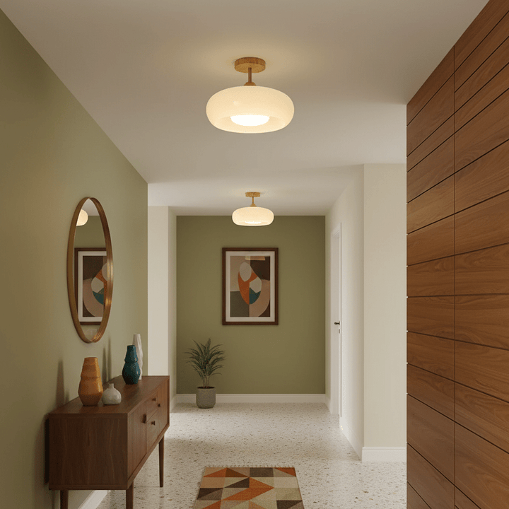 Plafonnier Ceiling Lamp Wood Glass 11 in Orange White Indoor Dining Bedroom Lighting Fixture | Kalsten