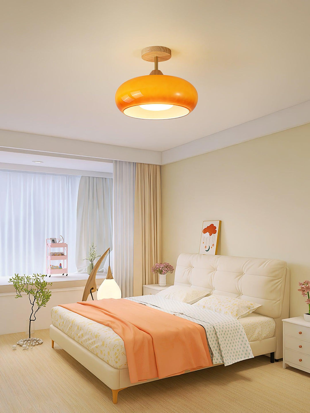 Plafonnier Ceiling Lamp Wood Glass 11 in Orange White Indoor Dining Bedroom Lighting Fixture | Kalsten