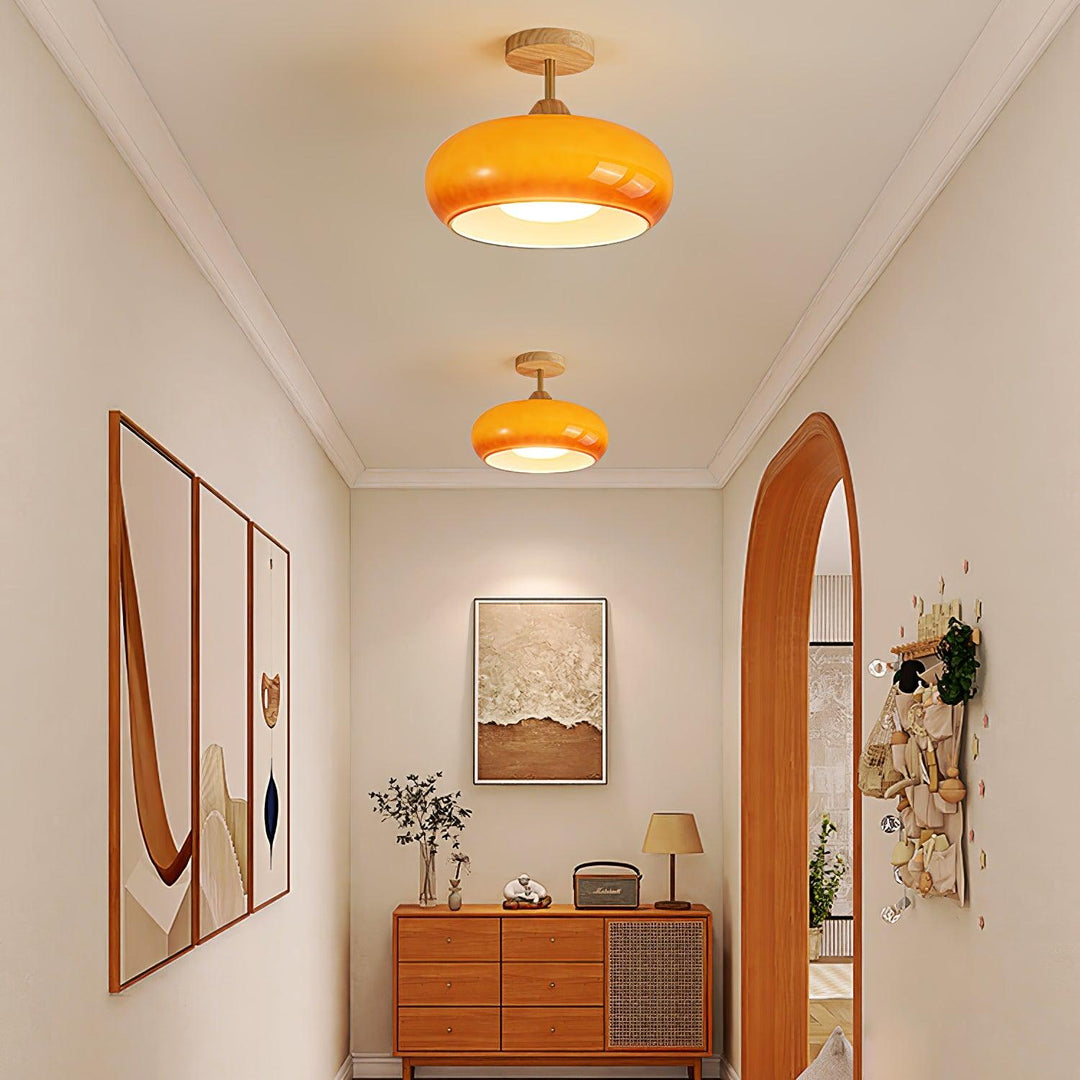 Plafonnier Ceiling Lamp Wood Glass 11 in Orange White Indoor Dining Bedroom Lighting Fixture | Kalsten