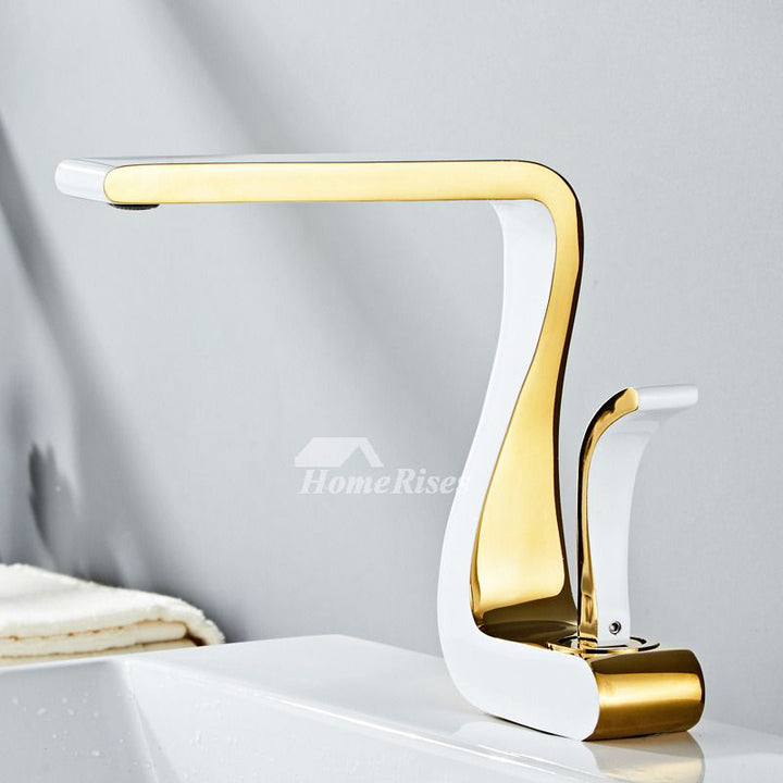 Kalsten | Polished Gold Bathroom Sink Faucets Single Handle Luxury Brass White Modern One Hole