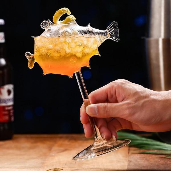 Pufferfish Shaped Cocktail Glass With Glass Straw | Kalsten