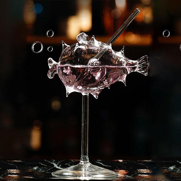 Pufferfish Shaped Cocktail Glass With Glass Straw | Kalsten