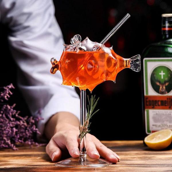 Pufferfish Shaped Cocktail Glass With Glass Straw | Kalsten
