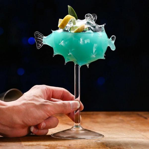 Pufferfish Shaped Cocktail Glass With Glass Straw | Kalsten