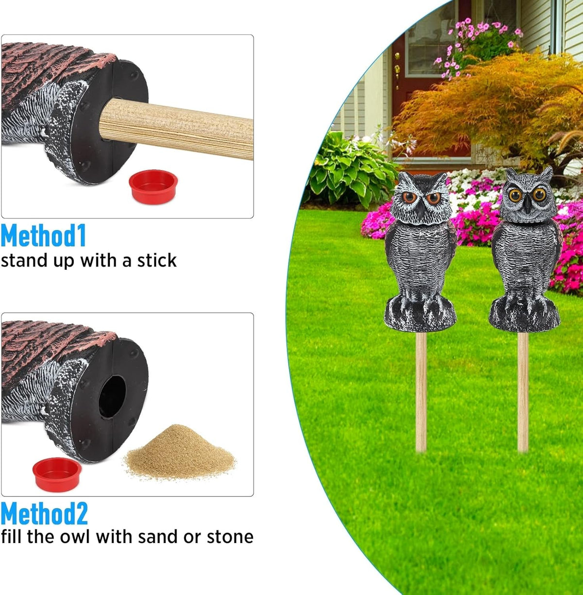 BowLift | EcoOwl Garden Scarecrow – 2 Pieces Realistic Owls with Wind-Driven Spinning Head