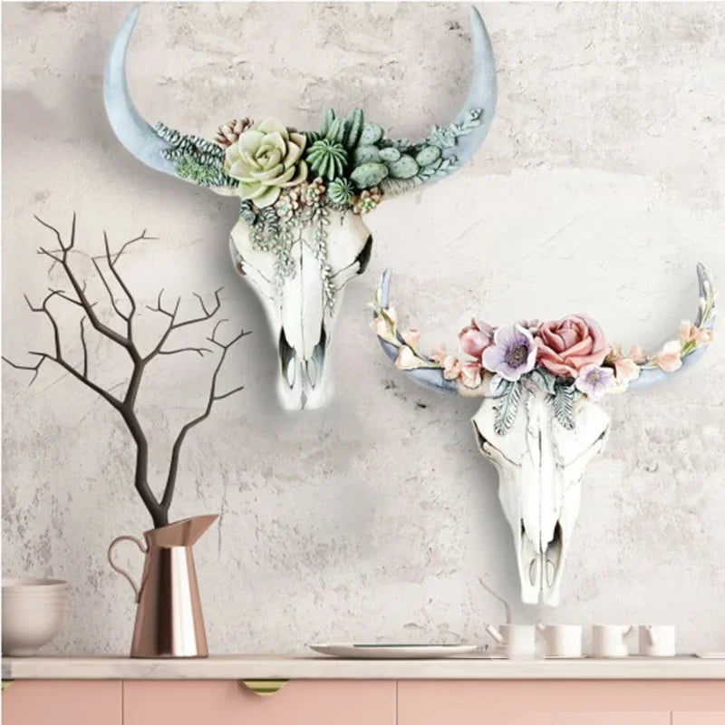 Kalsten | Cow Skull - Bully - Wall Decoration with Flowers - Resin Home Decor
