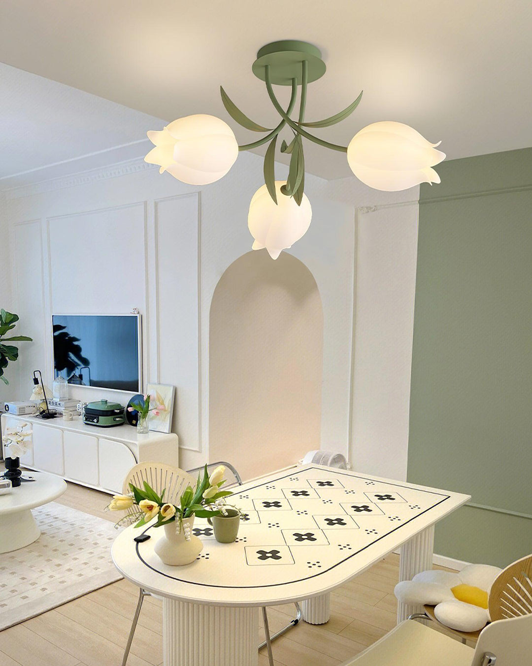Ceiling Light Metal Acrylic 21.7 in Floral White Green Living Room Bedroom Bathroom Fixture Decorative | Kalsten