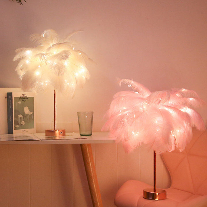 Ostrich Night Light | Eccentric Lamp with Feathers & Rose Gold Base | Kalsten
