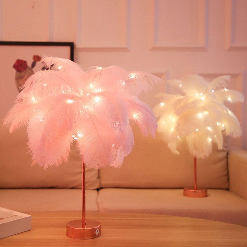 Ostrich Night Light | Eccentric Lamp with Feathers & Rose Gold Base | Kalsten