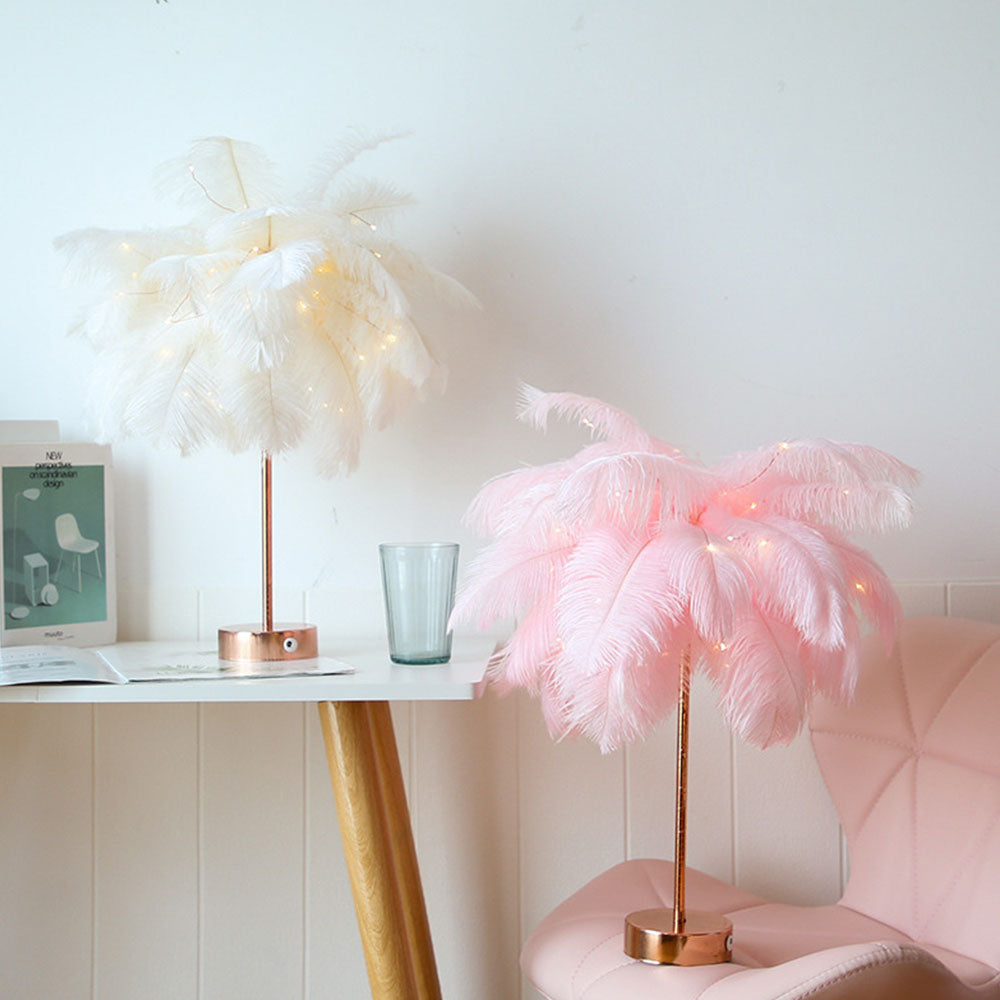 Ostrich Night Light | Eccentric Lamp with Feathers & Rose Gold Base | Kalsten