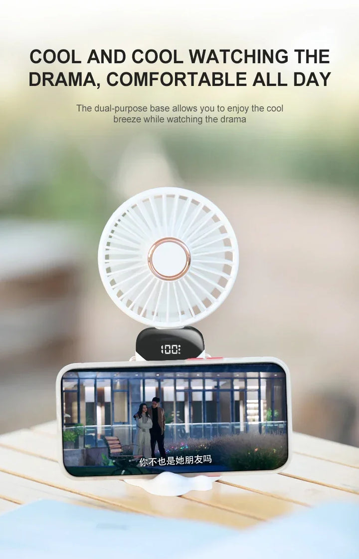 5000mAh Handheld Mini Fan – Wireless USB Rechargeable Portable Fan with Digital Display, Phone Holder, 5-Speed Foldable Neck Hanging Fan | Kalsten