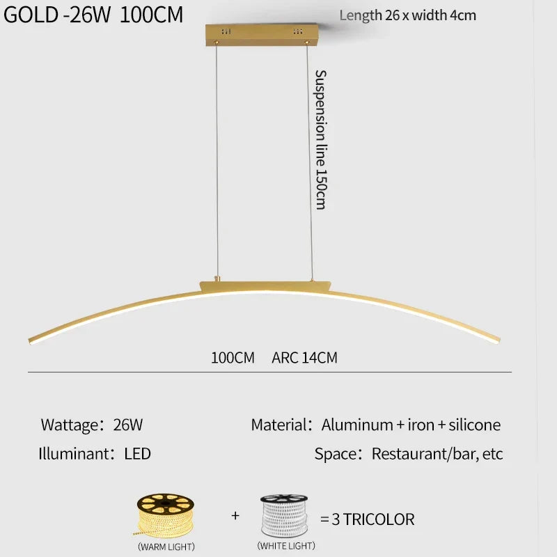 Modern Contemporary LED Dining Room Pendant Light | Sleek Arc Hanging Lamp, Adjustable Brightness | Kalsten