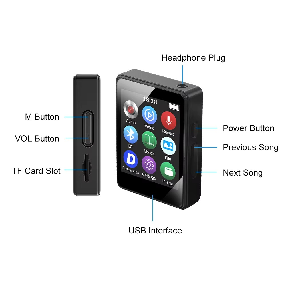 Kalsten | Portable Bluetooth MP3 Player with HiFi Stereo, Mini MP4 Video Playback, LED Screen and Voice Recording