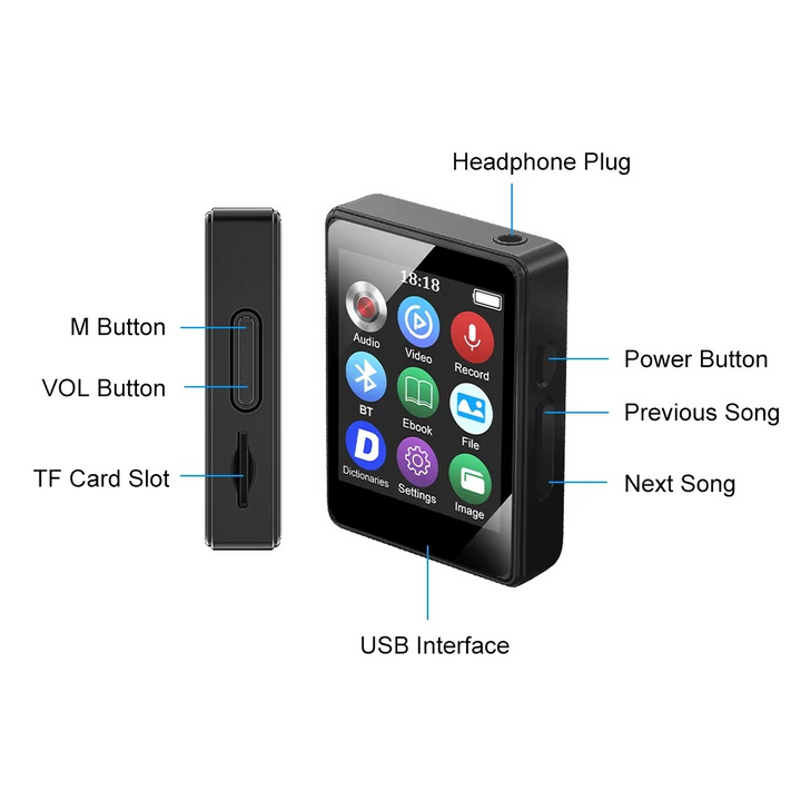 Kalsten | Portable Bluetooth MP3 Player with HiFi Stereo, Mini MP4 Video Playback, LED Screen and Voice Recording