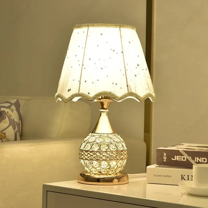 Luxury European Style LED Table Lamp with Fabric Lampshade & Crystal Base – Warm Romantic Bedroom Bedside Light | Kalsten