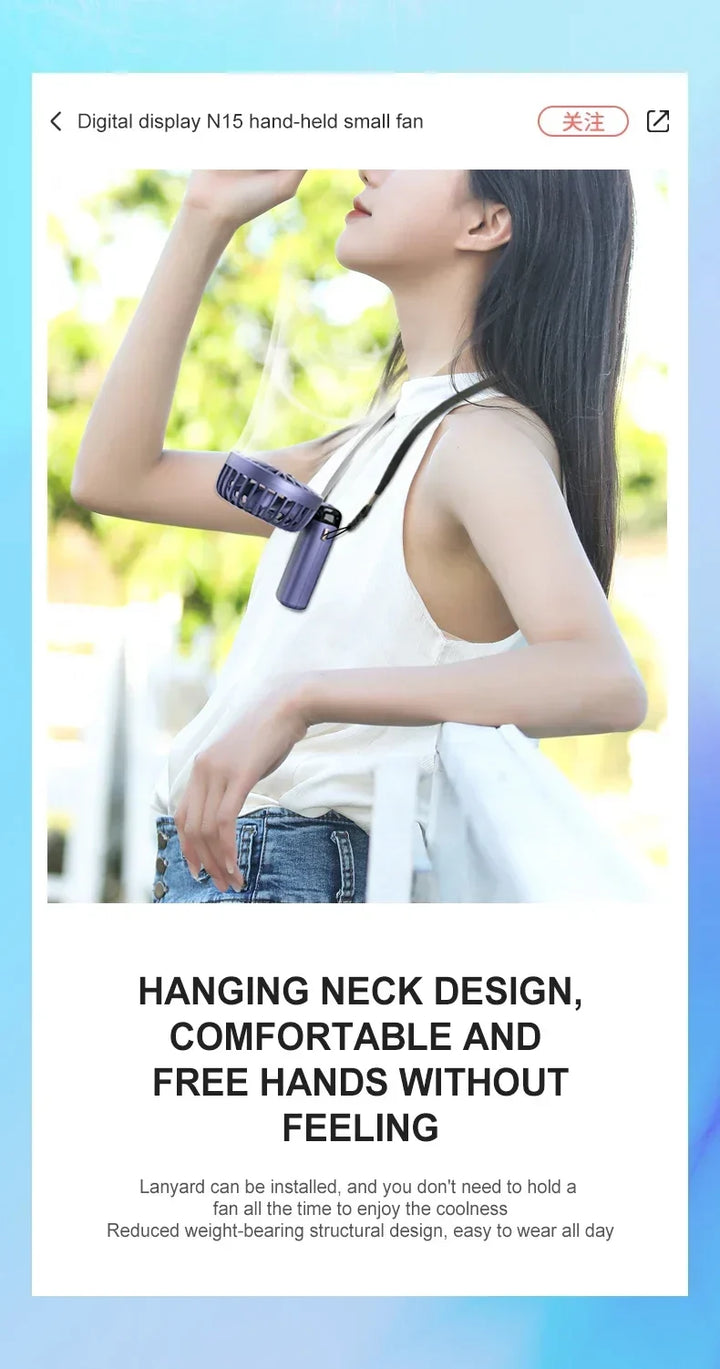 5000mAh Handheld Mini Fan – Wireless USB Rechargeable Portable Fan with Digital Display, Phone Holder, 5-Speed Foldable Neck Hanging Fan | Kalsten