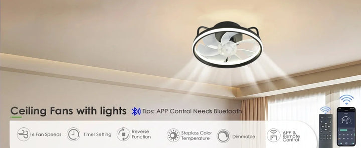 Modern LED Ceiling Fan Light with DC Motor - 6 Speed, Timer, Low Floor Attic Fan, Remote Control Decorative Light | Kalsten