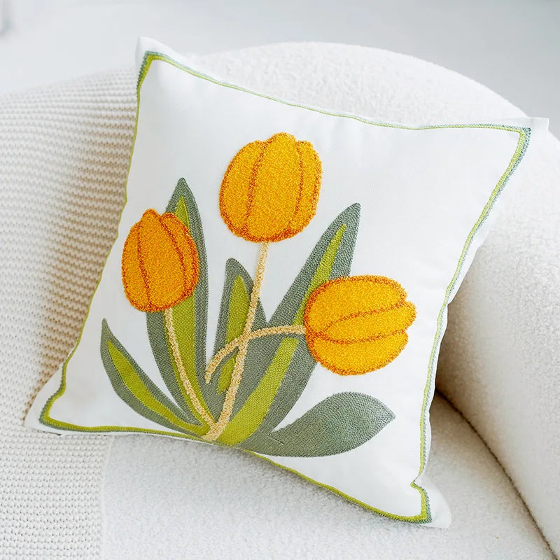 Green & Pink Tulip Embroidered Pillow Cover | Kalsten