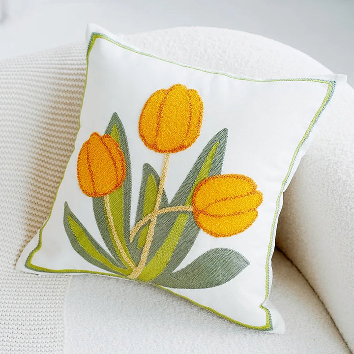 Green & Pink Tulip Embroidered Pillow Cover | Kalsten