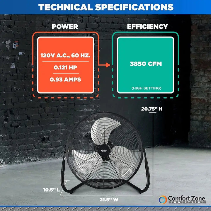 18-Inch Industrial High-Velocity Floor Fan – 3-Speed Adjustable Tilt with Carry Handle for Workshop & Home Use | Kalsten