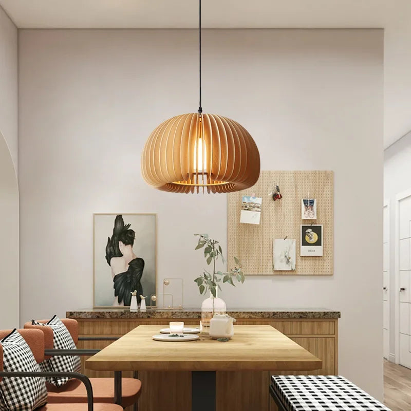 Modern Wood Pumpkin Pendant Light – Handmade Hanging Lamp for Dining Room, Bedroom, and Home Decor – Natural Bamboo & Wooden E27 Fixture (18-42cm) | Kalsten