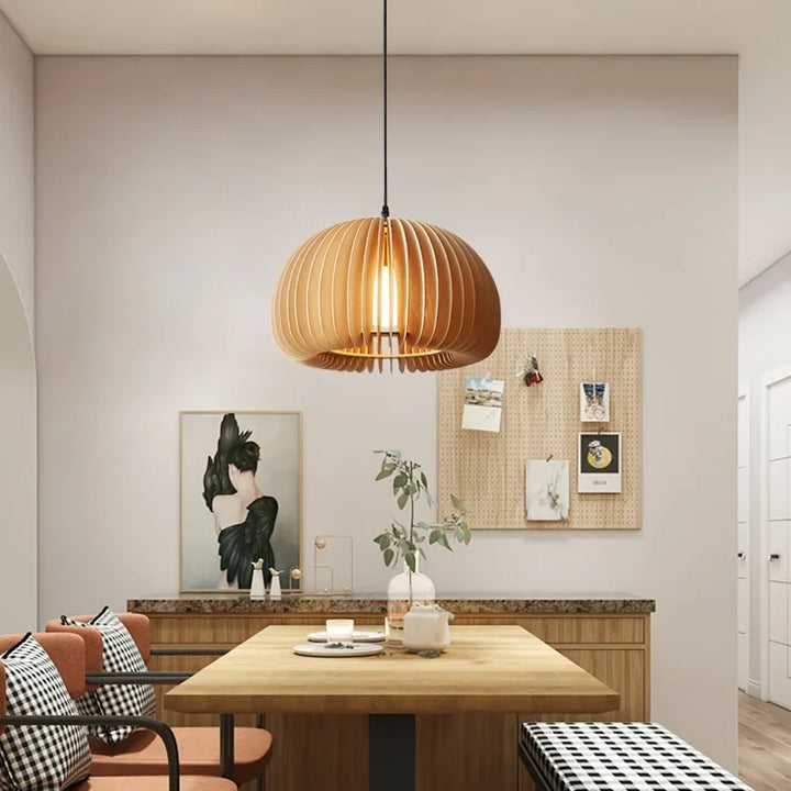 Modern Wood Pumpkin Pendant Light – Handmade Hanging Lamp for Dining Room, Bedroom, and Home Decor – Natural Bamboo & Wooden E27 Fixture (18-42cm) | Kalsten