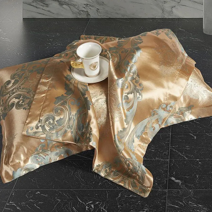 Kalsten | Luxurious Satin Rayon Jacquard Duvet Cover in Gold & Blue
