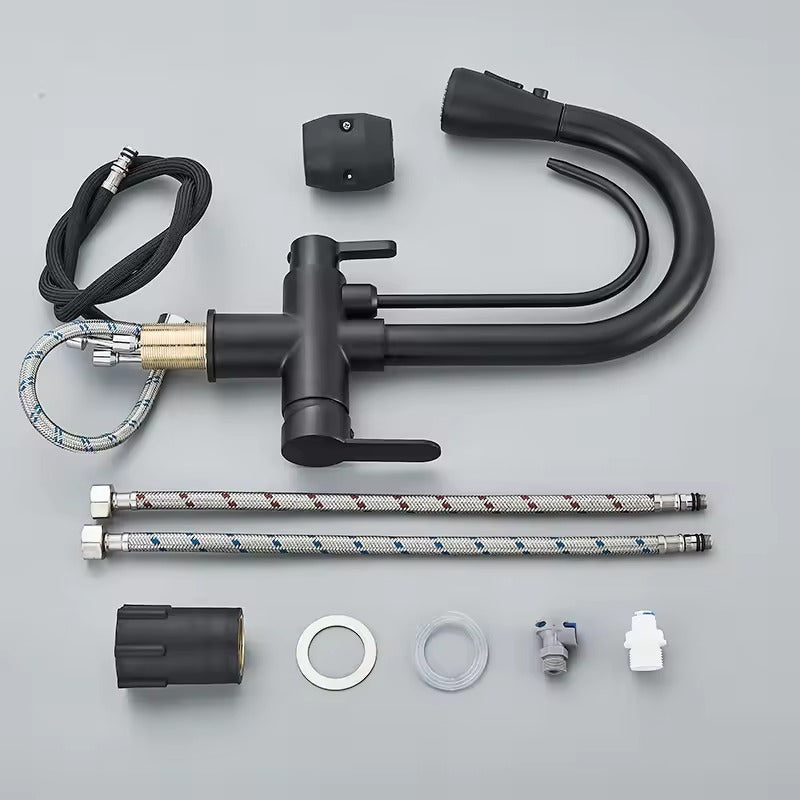Matte Black Filter Faucet for the Kitchen, Pull-Out Spray, 360° Rotation, Three-Way Water Filter Tap, Sink Mixer | Karnz