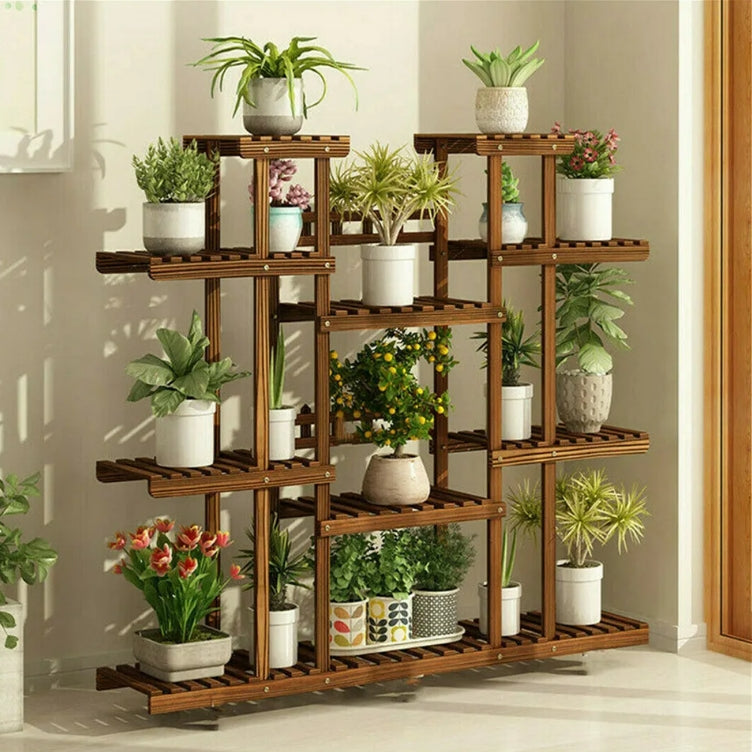 Large 11-tier Wooden Plant Shelf | Carbonized, Wide Flower Stand for Indoor & Outdoor | Kalsten