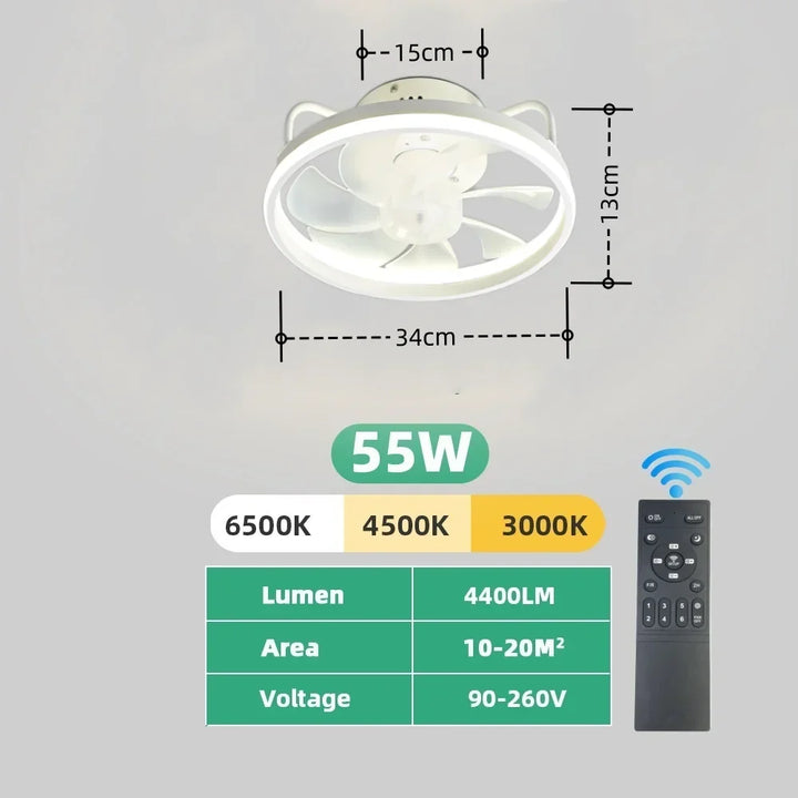 Modern LED Ceiling Fan Light with DC Motor - 6 Speed, Timer, Low Floor Attic Fan, Remote Control Decorative Light | Kalsten