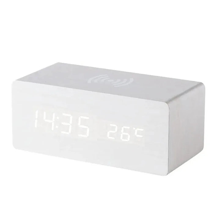 Minimalist LED wooden clock with temperature display, wireless charging function and digital time display – Ideal for bedroom and office | Kalsten
