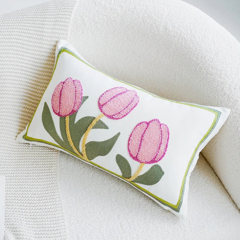 Green & Pink Tulip Embroidered Pillow Cover | Kalsten