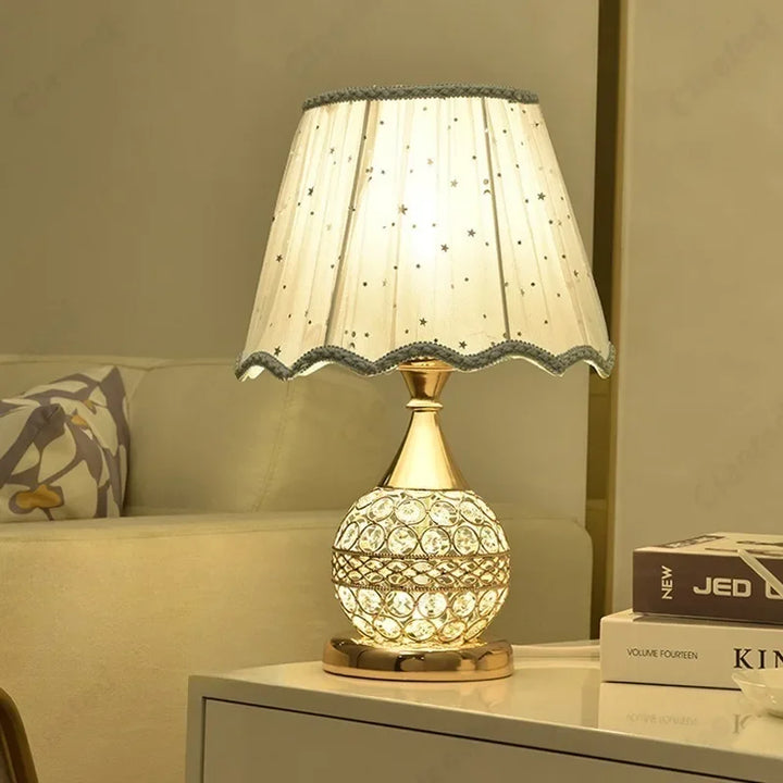 Luxury European Style LED Table Lamp with Fabric Lampshade & Crystal Base – Warm Romantic Bedroom Bedside Light | Kalsten