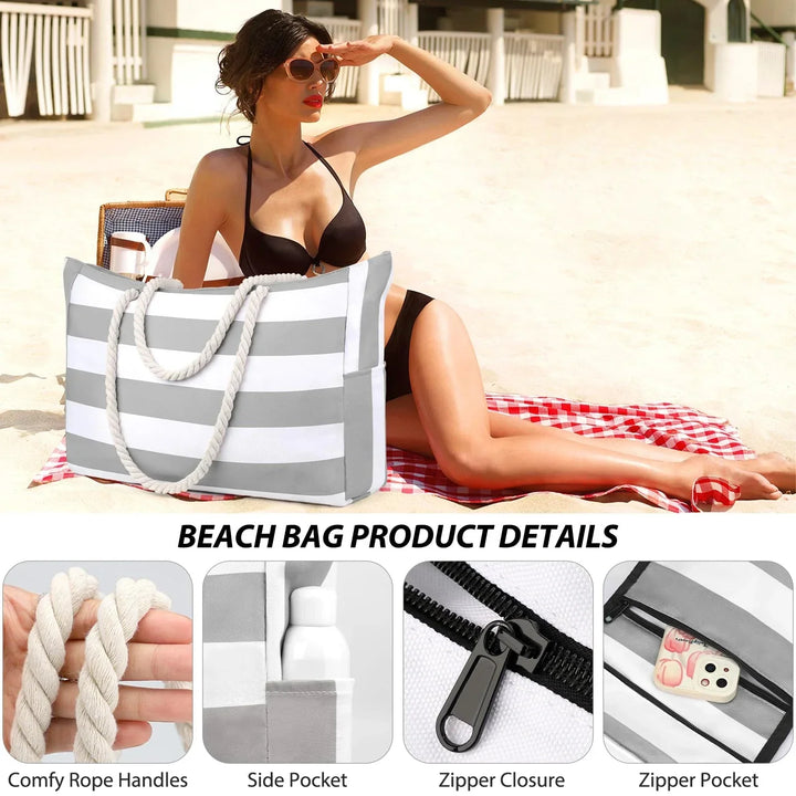 Kalsten | Marivalis Striped Beach Bag with Zipper | Foldable Sand Resistant Canvas | For Travel & Vacation