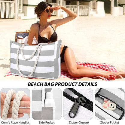 Skanto | Marivalis Striped Beach Bag with Zipper | Foldable & Waterproof | Sand-Resistant Canvas | For Travel & Vacation