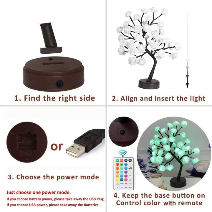 RGB Rose Flower Tree Lights 24LED USB Battery Table Lamp Fairy Night Light Home Party Christmas Wedding Bedroom Decoration Gift | Kalsten