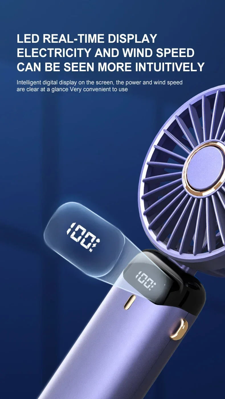 5000mAh Handheld Mini Fan – Wireless USB Rechargeable Portable Fan with Digital Display, Phone Holder, 5-Speed Foldable Neck Hanging Fan | Kalsten