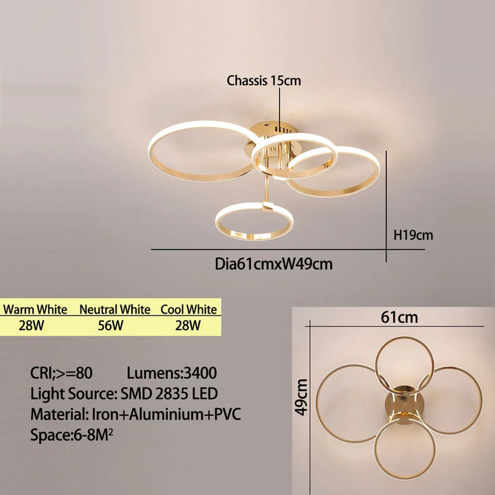 Modern LED Ceiling Chandelier – Dimmable Light with Remote & App Control, Gold/Chrome/Black Finish, for Living Room & Bedroom | Kalsten