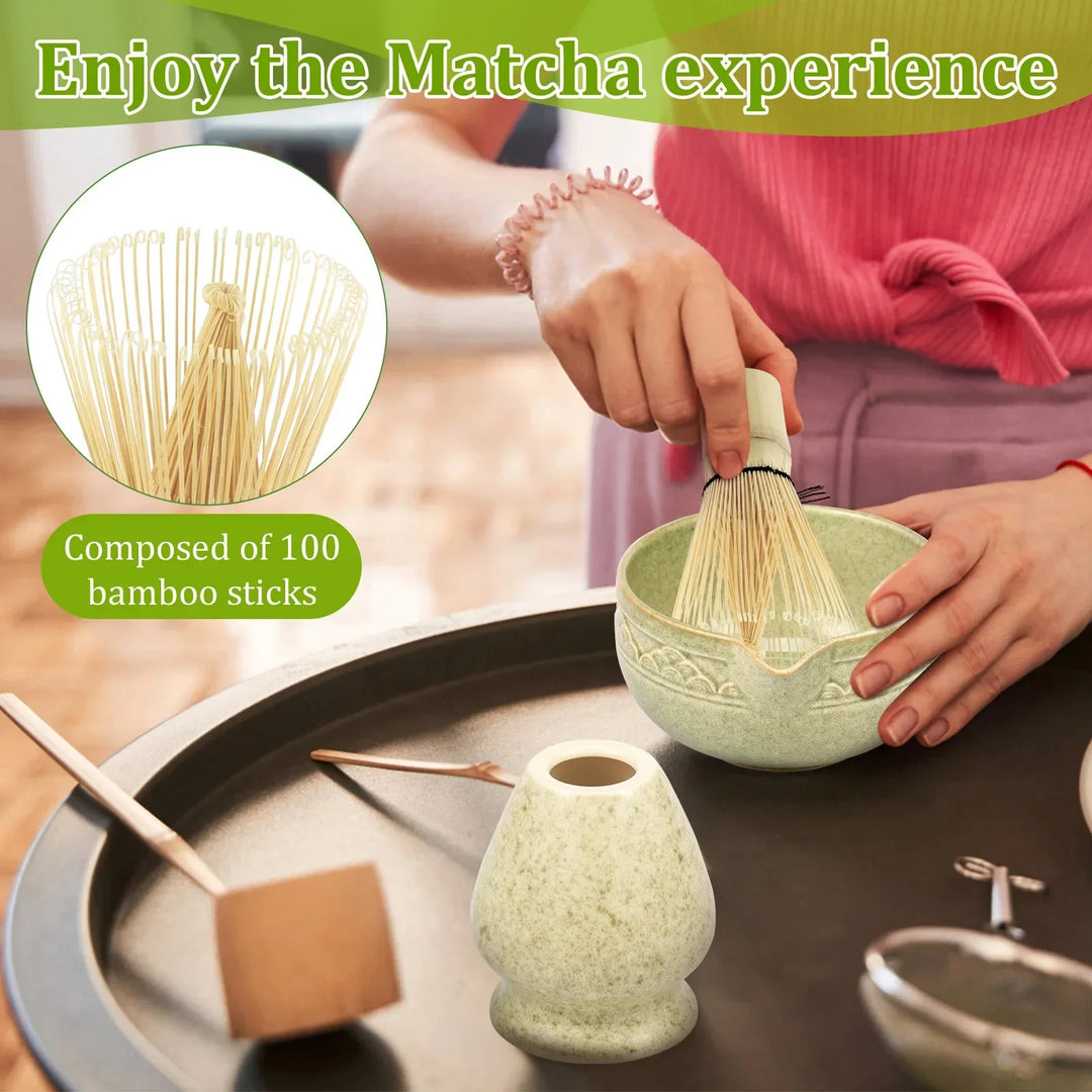 Matcha Set 5-Piece Green Ceramic Bowl Bamboo Whisk Holder Scoop-5