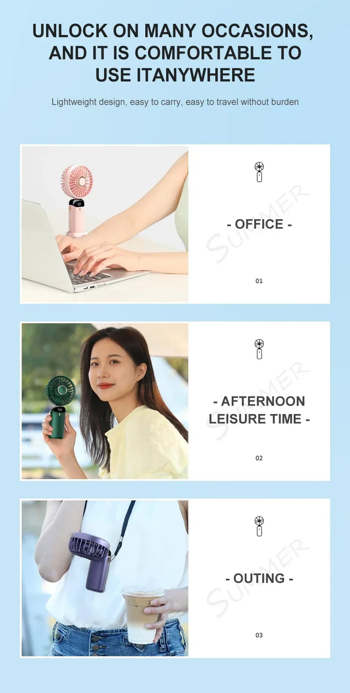 5000mAh Handheld Mini Fan – Wireless USB Rechargeable Portable Fan with Digital Display, Phone Holder, 5-Speed Foldable Neck Hanging Fan | Kalsten