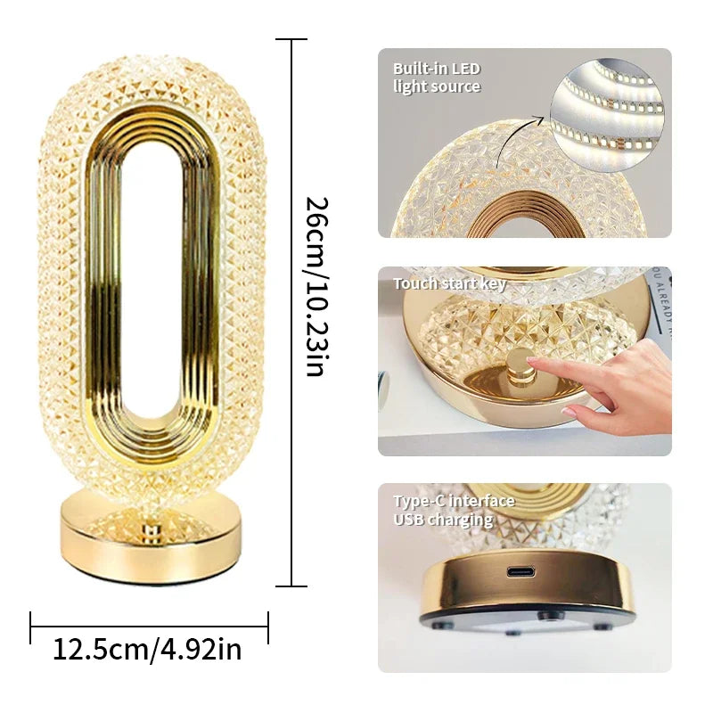 Modern Luxury Oval USB Rechargeable Crystal Table Lamp – Dimmable LED Night Light for Bedroom, Living Room, and Bedside Décor | Kalsten