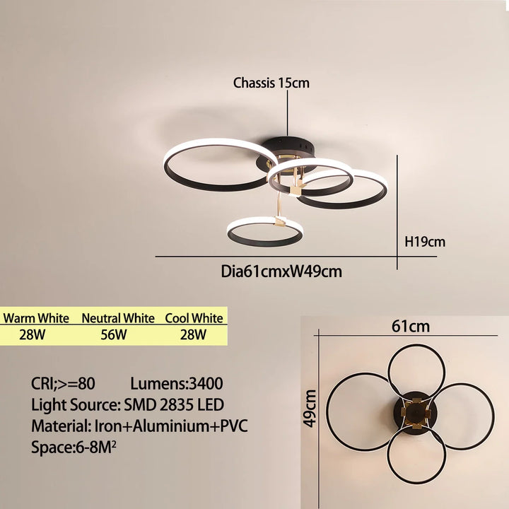 Modern LED Ceiling Chandelier – Dimmable Light with Remote & App Control, Gold/Chrome/Black Finish, for Living Room & Bedroom | Kalsten