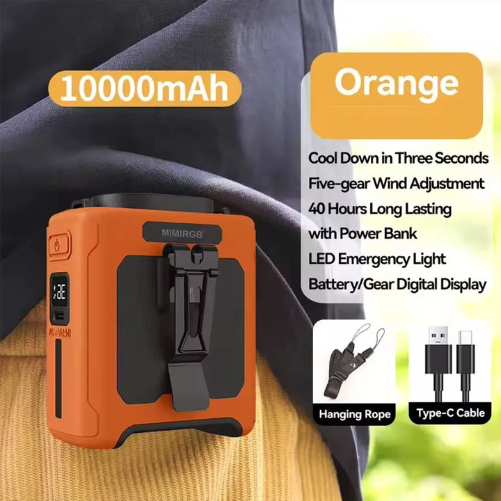 10000mAh Waist Clip Fan with Power Bank – Portable Hands-Free Rechargeable Fan | 5-Speed Cooling, Battery Display, USB Charging, Outdoor Wearable Fan | Kalsten