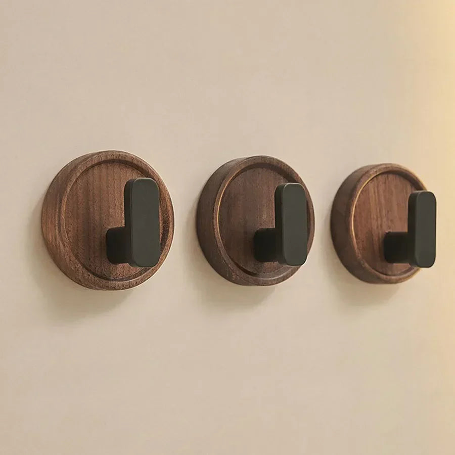 Kalsten | Self-adhesive wooden wall hooks Nordiva WoodCircle | Walnut wood | Decorative hook for keys, towels & clothing | Bathroom, kitchen & hallway