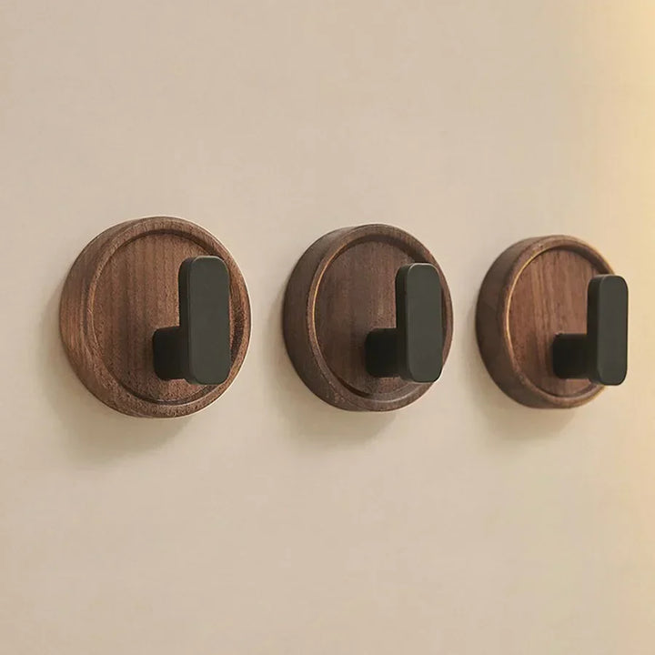 Kalsten | Self-adhesive wooden wall hooks Nordiva WoodCircle | Walnut wood | Decorative hook for keys, towels & clothing | Bathroom, kitchen & hallway