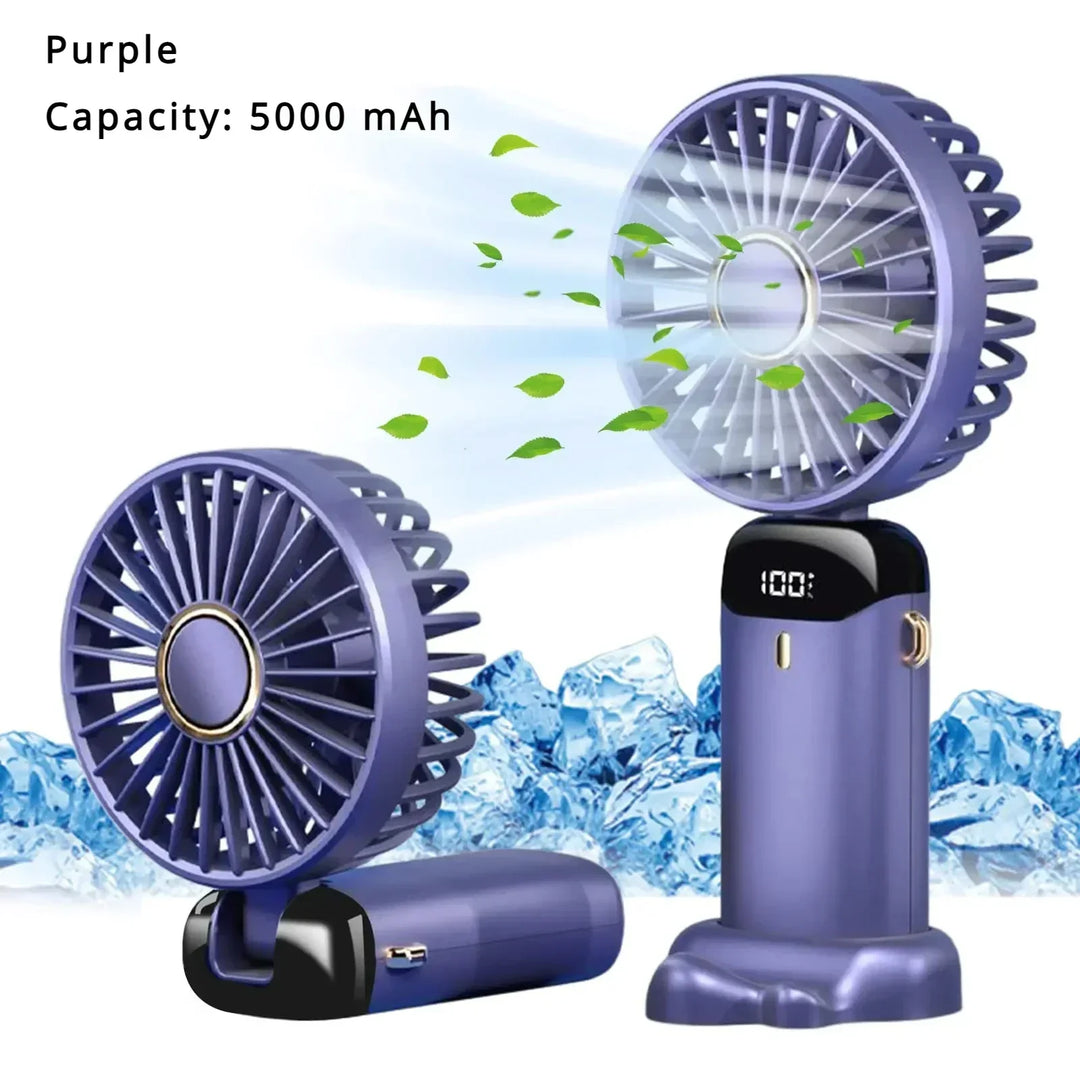 5000mAh Handheld Mini Fan – Wireless USB Rechargeable Portable Fan with Digital Display, Phone Holder, 5-Speed Foldable Neck Hanging Fan | Kalsten
