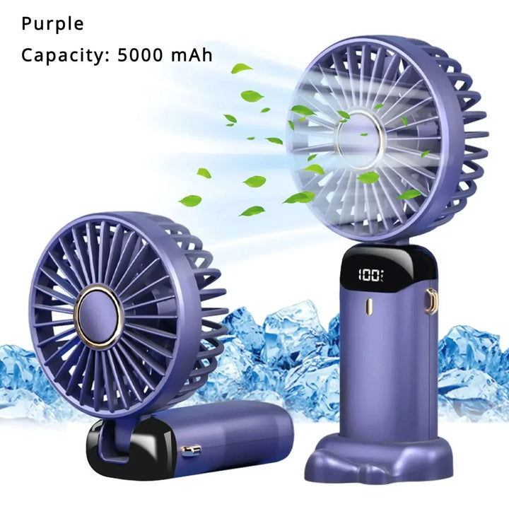 5000mAh Handheld Mini Fan – Wireless USB Rechargeable Portable Fan with Digital Display, Phone Holder, 5-Speed Foldable Neck Hanging Fan | Kalsten