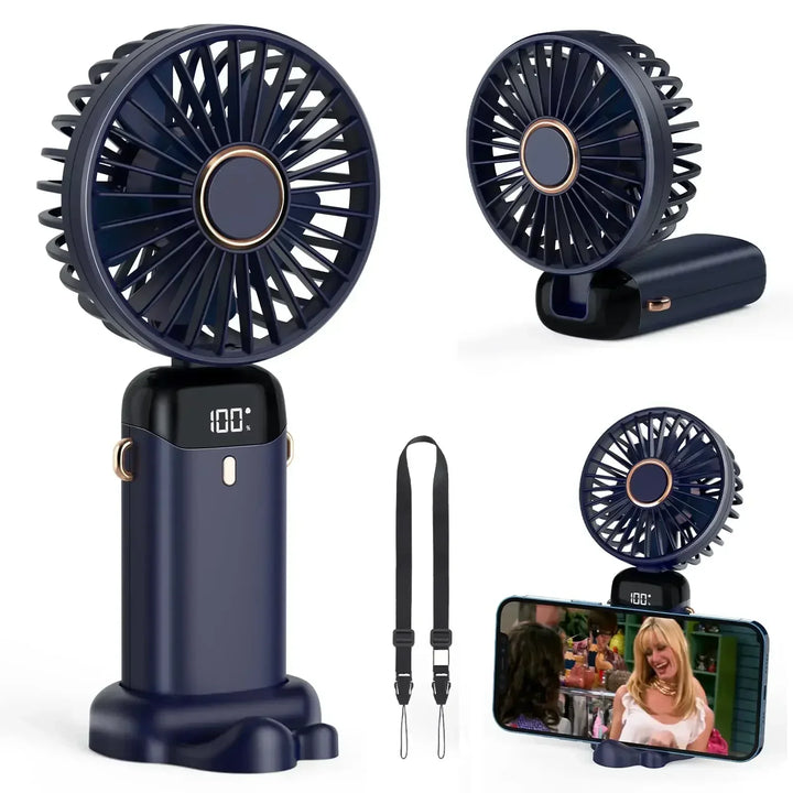 5000mAh Handheld Mini Fan – Wireless USB Rechargeable Portable Fan with Digital Display, Phone Holder, 5-Speed Foldable Neck Hanging Fan | Kalsten