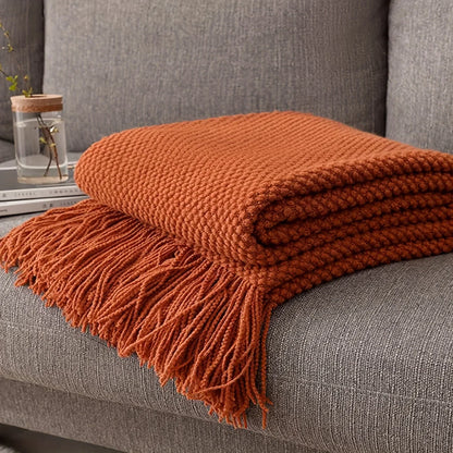 Skanto | Aurelia Cozy Fringe Knit Textile in Morandi Orange | Soft & Warm | 3 Sizes | For Sofa, Bed & Travel