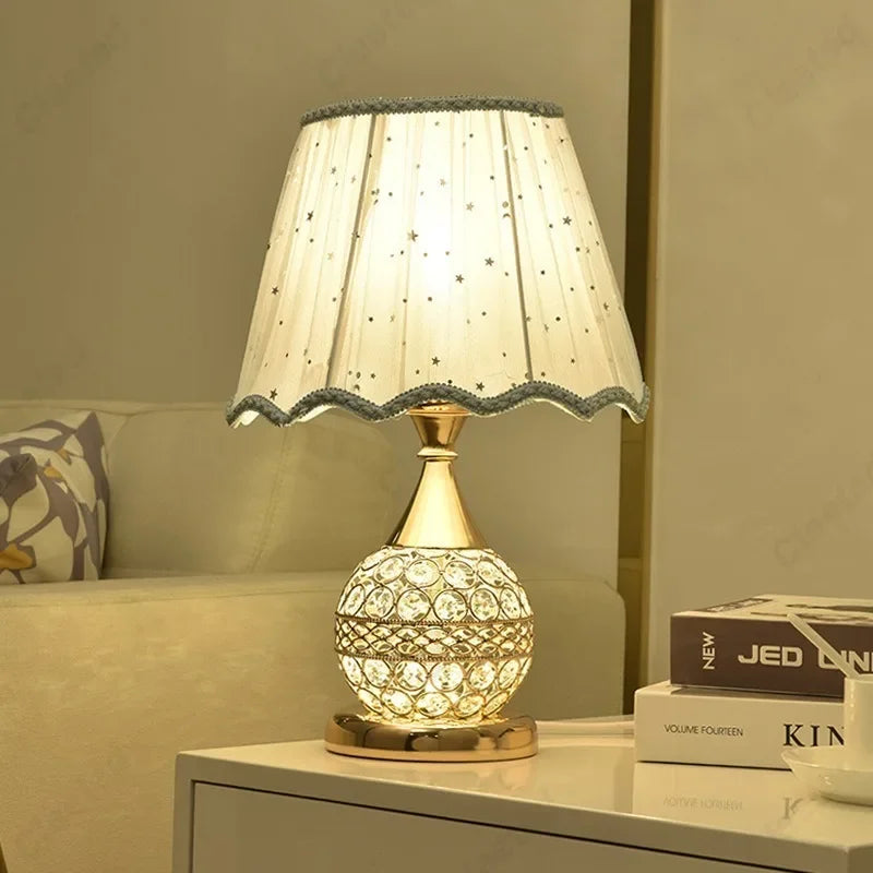 Luxury European Style LED Table Lamp with Fabric Lampshade & Crystal Base – Warm Romantic Bedroom Bedside Light | Kalsten